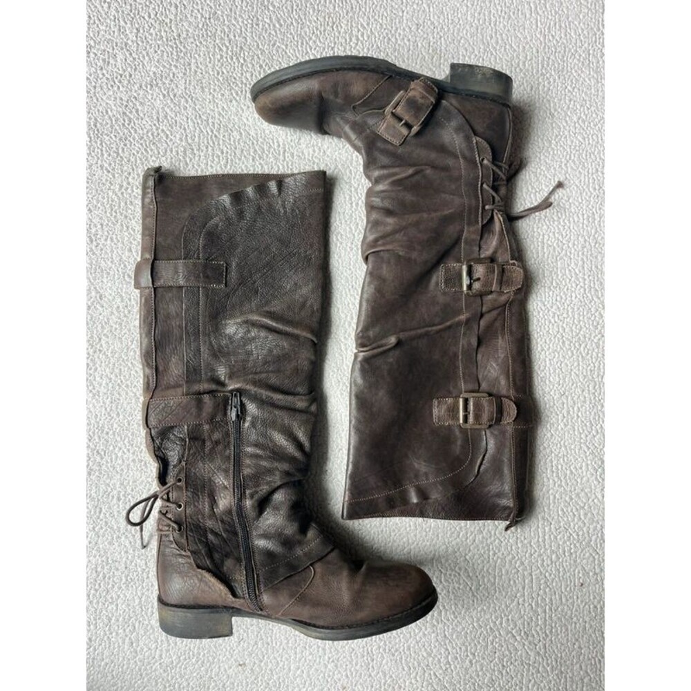 Boutique Brown Leather Distressed Tall Buckle Boots Womens 7